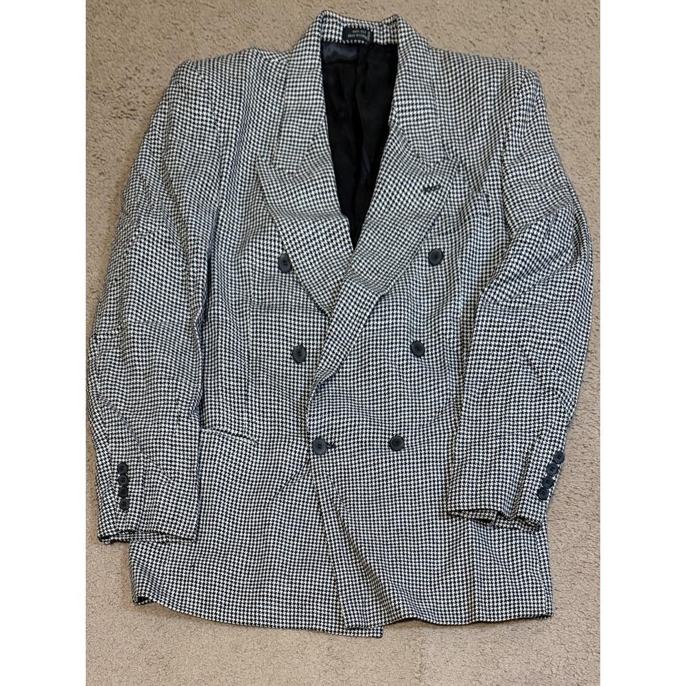 Vintage 100% Silk Houndstooth Double Breasted Blazer 42R Black White Mens